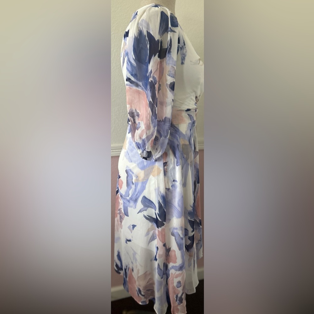 DKNY Blue and Pink Wrap Sundress with Bishop Sleeves - Picture 9 of 12